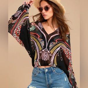 Free People Beneath the Sea Black Print Top Size XS / S / M